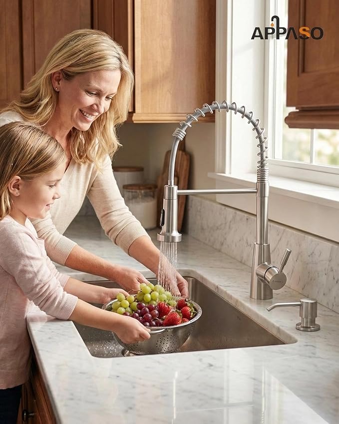 APPASO Kitchen Faucet with Soap Dispenser Brushed Nickel, Pull Down Commercial Single Handle High Arc Faucet for Sink, Stainless Steel Kitchen Faucet for Sink 2 or 4 Hole