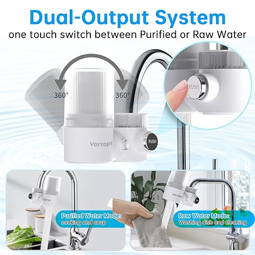 Vortopt 360° Rotating Faucet Water Filter for Sink,400 Gallon Water Filter,NSF Certified Reduces Chlorine & Bad Taste with 1 Replacement,Fits Most Standard Faucets,3 Month Lifespan,T6-CTO White.