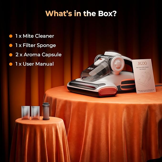 JIGOO T600 Mattress Vacuum Cleaner with UV-C Light, 15Kpa Suction 700W Powerful Double-Cup Handheld Vacuums, Bed Cleaner with Smart Dust Sensor, Ultrasonic, Heating Tech, MIF Filter
