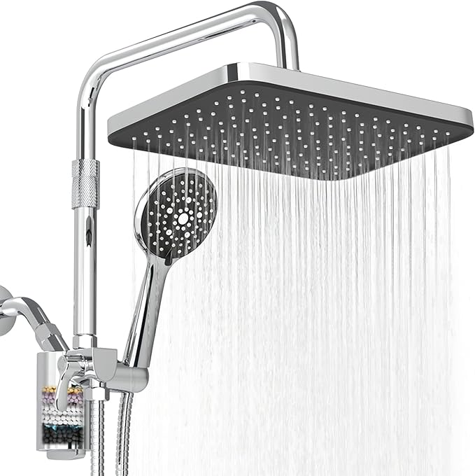 Filtered Shower Head with Handheld,12 Inch High Pressure Rain Shower Head with Adjustable Extension Arm,Dual shower filter head for hard water,Tool-Free DIY Kit,Chrome