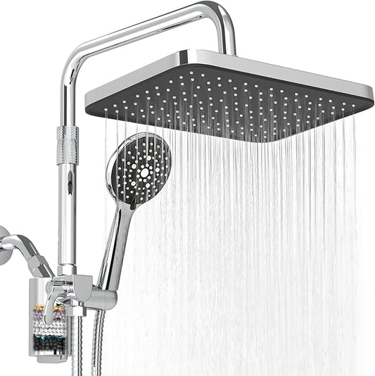 Filtered Shower Head with Handheld,12 Inch High Pressure Rain Shower Head with Adjustable Extension Arm,Dual shower filter head for hard water,Tool-Free DIY Kit,Chrome