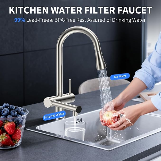 FEELSO Filter Kitchen Faucet, Stainless Steel Pull Down Sprayer, Reduces Lead Chlorine, High Arc 1 or 3 Hole Farmhouse Sink Faucet