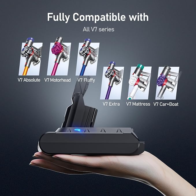 8000mAh Rechargeable Replacement Battery for Dyson V7 Series Vacuum Cleaners, Providing 32 Minutes of Runtime in Standard Mode, Installs in Just 3 Minutes, Includes 3 Pre Filter and 1 Post Filter