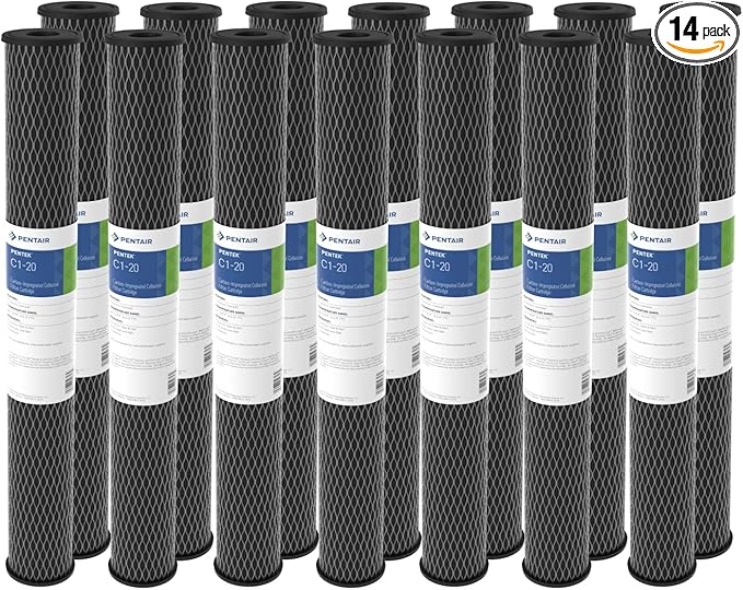 Pentair Pentek C1-20 Dual Purpose Carbon Water Filter, 20" x 2.5" Powdered Activated Carbon Cartridge, 5 Micron Sediment and Chlorine Taste Odor Reduction, 10000 Gallon Capacity, Pack of 14