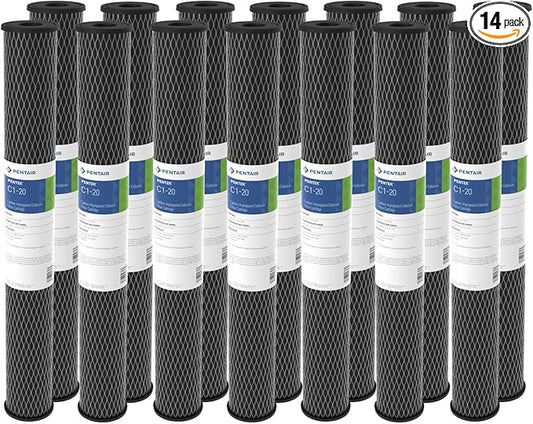Pentair Pentek C1-20 Dual Purpose Carbon Water Filter, 20" x 2.5" Powdered Activated Carbon Cartridge, 5 Micron Sediment and Chlorine Taste Odor Reduction, 10000 Gallon Capacity, Pack of 14