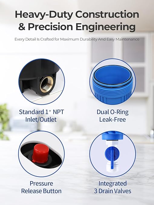 3-Stage Whole House Water Filter System, Heavy Metal Reduction, 20x4.5 Inch, Includes PP, KDF & CTO Carbon Block, 1" NPT Brass Ports, Drain Valves & Install Kit