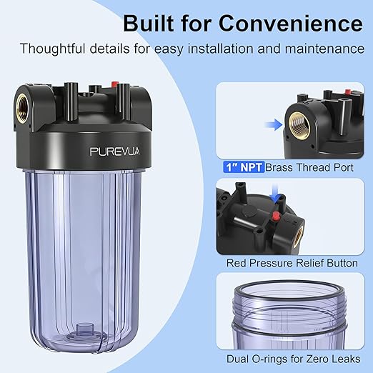 PWT10 Whole House Water Filter Housing, Fits 10” x 4.5” Big Blue Filters, Inline Pre-Filtration System for RV, Home Well and City Water Sediment etc with 1" NPT Port, Pressure Relief Valve