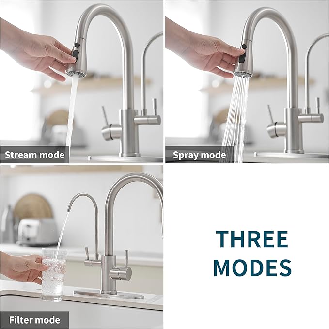 Kitchen Faucets with Water Filter and Pull Down Sprayer,Kitchen Sink Faucet,Two Handle Sink Faucet with Pull Down Sprayer for 3 Function,Without Water Filtration Device,Brushed