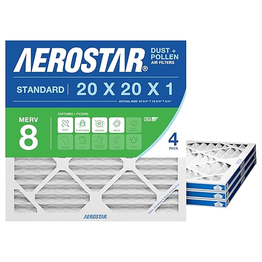 Aerostar 20x20x1 MERV 8 Air Filter, 4 Count, ACTUAL SIZE (19.75 x 19.75 x 0.75), HVAC, Air Conditioning & Furnace Filter Captures Dust, Lint & Pollen (MPR 600 / FPR 5), Made in USA