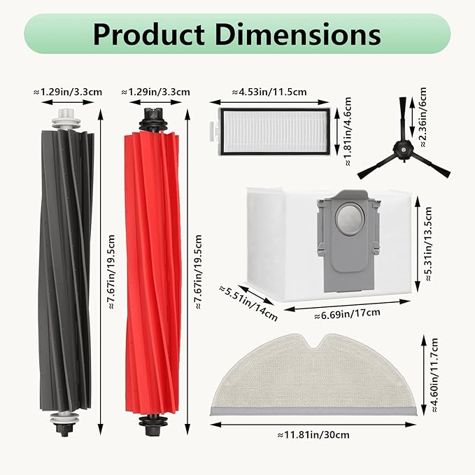 Replacement Parts Fit for Roborock Q5 Pro/Pro+(Plus) / Max+(Plus)/ DuoRoller+(Plus), Q8 Max/Max+(Plus) Robot Vacuum. Dual Main Roller Brush, HEPA Washable Filter, Dust Bag, Mop