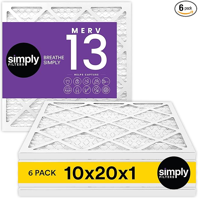 Simply 10x20x1 Air Filter, Merv 13, 6 Pack, For Home AC Furnace & HVAC (Actual Size: 9.75"x19.75"x0.75") DUST, Pet, & Allergy Control