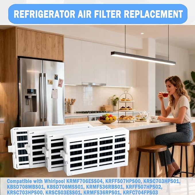 4 Pcs Refrigerator Air Filter Fit for Whirlpool KRMF706ESS04, KRFF507HPS00, KRSC703HPS01, KBSD708MBS01, KBSD708MSS01, KRMF536RBS01, KRFF507HPS02, KRSC703HPS00, KRSC503ESS01, KRMF536RPS01, KRFC704FPS03