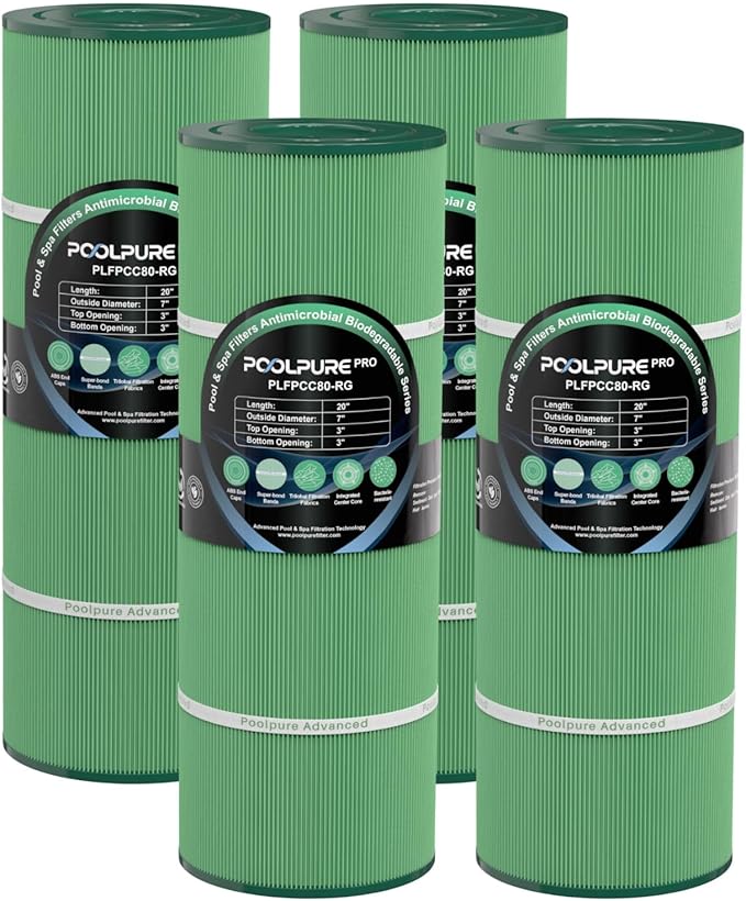 POOLPURE PLFPCC80-RG Pool Filter Replaces Pentair CCP320, Pleatco PCC80-PAK4, Ultral-A5, Unicel C-7470, R173573, Filbur FC-1976, 178580, 817-0081, Antimicrobial, Biodegradable, L x OD:20"x 7", 4 Pack