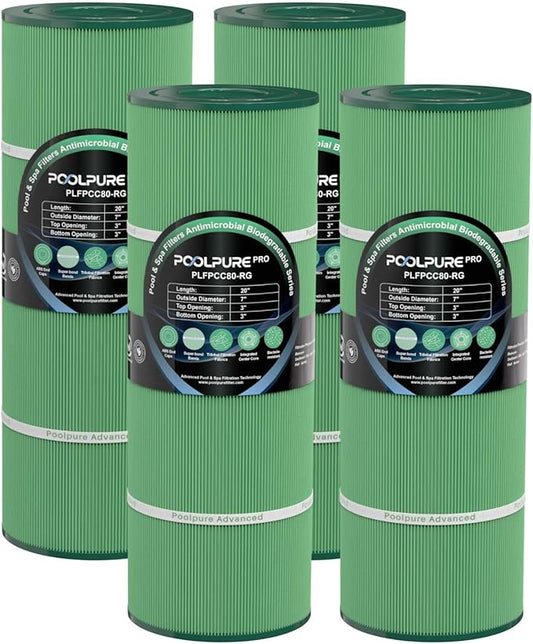 POOLPURE PLFPCC80-RG Pool Filter Replaces Pentair CCP320, Pleatco PCC80-PAK4, Ultral-A5, Unicel C-7470, R173573, Filbur FC-1976, 178580, 817-0081, Antimicrobial, Biodegradable, L x OD:20"x 7", 4 Pack