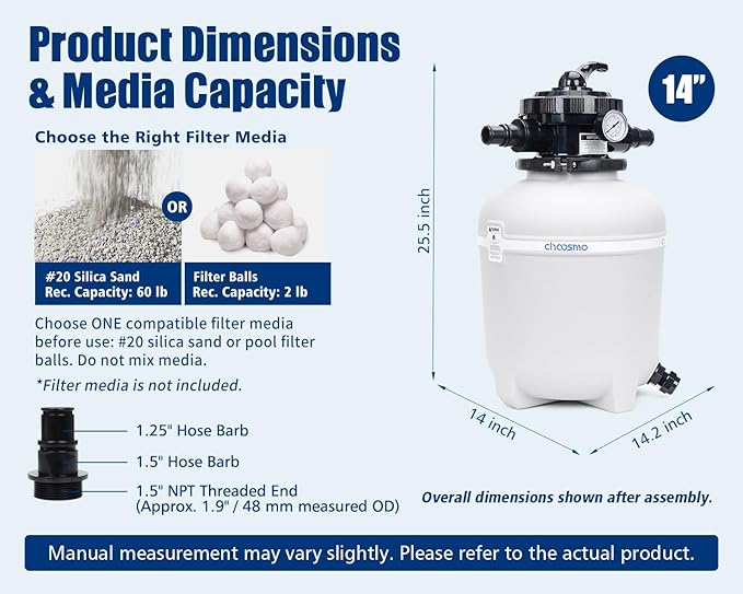 14 Inch Pool Sand Filter Tank Replacement Kit with 6-Way Multi-Port Valve and 1.25/1.5 in Hose Adapters for Compatible Above Ground Sand Filter Systems, Pump Not Included
