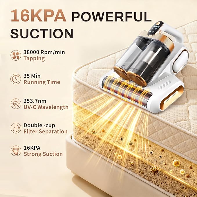 Cordless Mattress Vacuum Cleaner, 16Kpa Bed Vacuum with 253.7nm UV-C Light & Ultrasonic Tech, HEPA Filter, Portable Handheld Vacuum for Bed Sofa Couch Crib & Pet Hair (White)