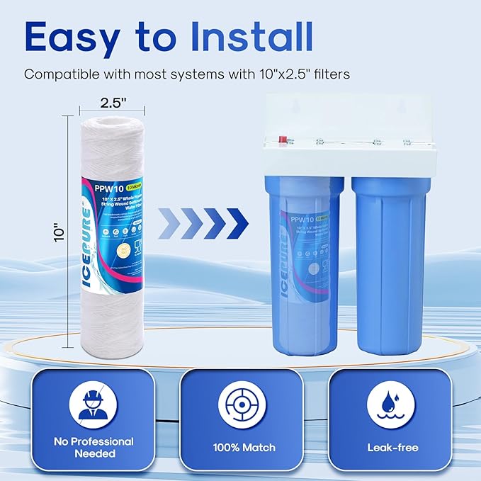 ICEPURE 10 Micron 10" x 2.5" String Wound Sediment Water Filter Cartridge for Well filter Universal Replacement for Any 10 inch RO Unit, WP-5, Aqua-Pure AP110 CFS110 Culligan P5 WFPFC4002 CW-MF, 4PACK