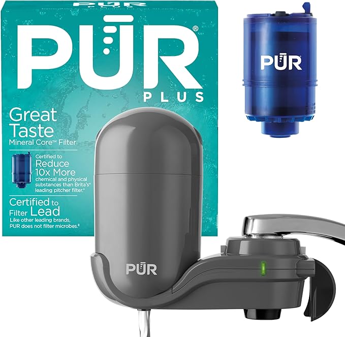 PUR Plus Vertical Faucet-Mount Water Filtration System, Lead-Reducing Filter, Easy Installation, 100-Gallon Capacity, Compatible with External Aerators, Grey