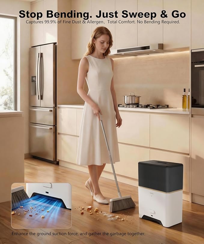 Touchless Vacuum Automatic Dustpan, Bagged Design with Replaceable Dust Bags, Up to 3-Month No Cleaning, 26,000Pa Powerful Suction, One-Touch Auto & Manual Mode for Pet Hair Kitchen & Salon