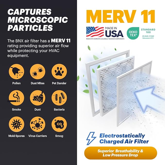 BNX TruFilter 14x30x1 Air Filter MERV 11 (6-Pack) - MADE IN USA - Allergen Defense Electrostatic Pleated Air Conditioner HVAC AC Furnace Filters for Allergies, Dust, Pet, Smoke, Allergy MPR 1200 FPR 7