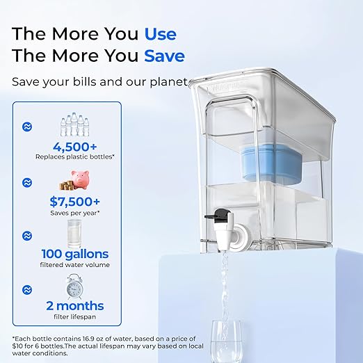 Waterdrop WFD-40W-L-A Water Filter Dispenser, Alkaline Filtration Water Purifier, 35-Cup Large Capacity, 100-Gallon Long-Life, Reduces Chlorine, PFOA/PFOS and More, BPA Free, White