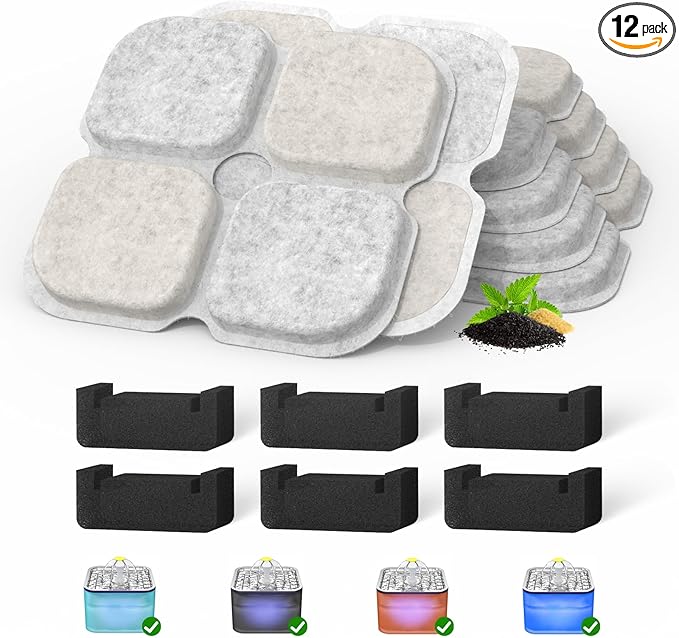 Cat Pet Water Fountain Filters, 6 Pack Replacement Filters Fit for 101oz/3L Crystal Cat Fountain, Triple Filtration System (6 Filters+6 Sponges)