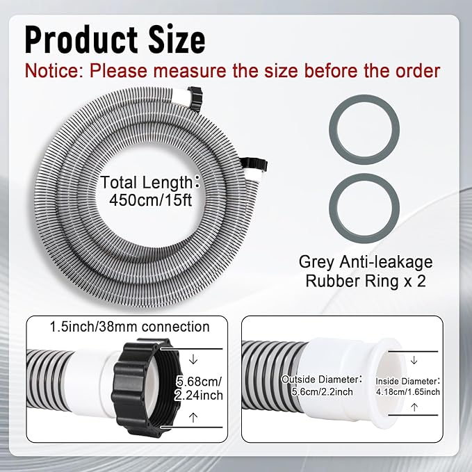 1 Pack 1 1/2 Pool Hose for Above Ground Pools 15ft Long Pool Pump Replacement Filter Hoses 1.5" EVA Swimming Pools Filter Hose for Filters Pumps, Saltwater Systems and Sand filters (Black)