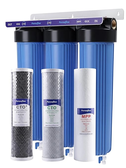 3-Stage Whole House Water Filter System, PFAS Reduction, 20x4.5 Inch, Includes PP, CTO & PFAS Carbon Block, 1" NPT Brass Ports, Drain Valves, Wrench & Install Kit