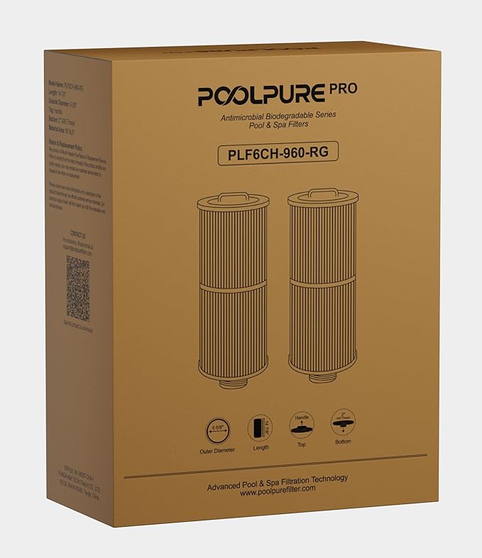 POOLPURE 6CH-960 Antimicrobial Spa Filters, Compatible with PJW60TL-F2S, Jacuzzi J-300, J400, Unicel 6CH-960, FC-2800, 6540-476, 6540-383, Hot Tub Filter with Closed Handle