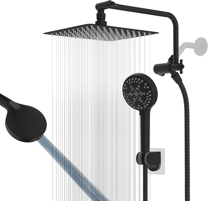 All Metal Black Shower Head, 10" High Pressure Rainfall/Handheld Shower Combo with 11" Extension Arm, 10-Spray Handheld Showerhead, 71" Long Hose, 3-Way Diverter Valve, Matte Black