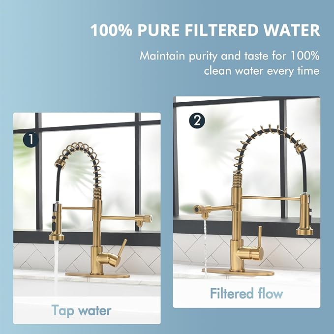 GIMILI Brushed Gold Drinking Water Faucet 3 in1 Commercial Style Pull-Down Single Handle Filter Kitchen Faucet for Water Filtration System,Without Water Filtration Device