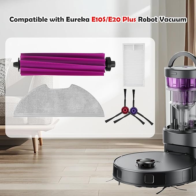 18 Pack E10s Accessories Kit Replacement Compatible with Eureka E10S / E20 Plus Robot Vacuum Cleaner, 1 Main Roller Brushes, 8 Side Brushes, 4 Hepa Filters, 4 Mop Pads,1 Cleaning Brush