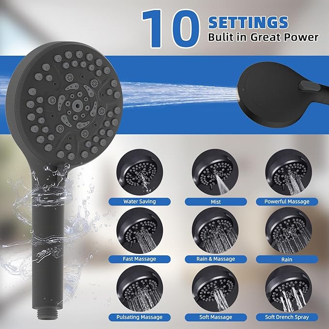 All Metal Shower Head, 10" High Pressure Rainfall/Handheld Shower Combo with 11" Extension Arm, 10-Spray Handheld Showerhead, 71" Long Hose, 3-Way Diverter Valve, Oil Rubbed Bronze