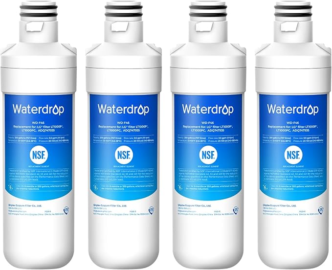 Waterdrop LT1000PC ADQ747935 MDJ64844601 Refrigerator Water Filter, Reduce chlorine, bad taste and odor, Replacement for LG® LT1000P®, ADQ74793501, ADQ74793502, Kenmore 46-9980, Pack of 4