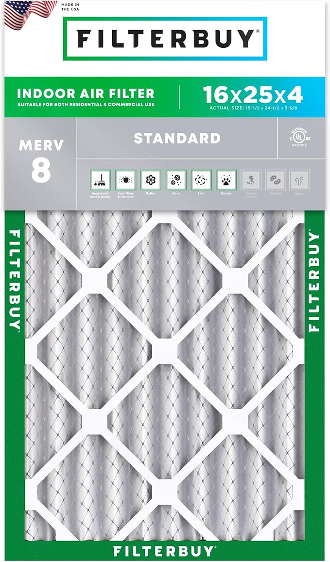 Filterbuy 16x25x4 Air Filter MERV 8 Essential Dust & Allergy Defense (1-Pack), Electrostatic Pleated HVAC AC Furnace Filters Replacement, Made in USA (Actual Size: 15.50 x 24.50 x 3.63)