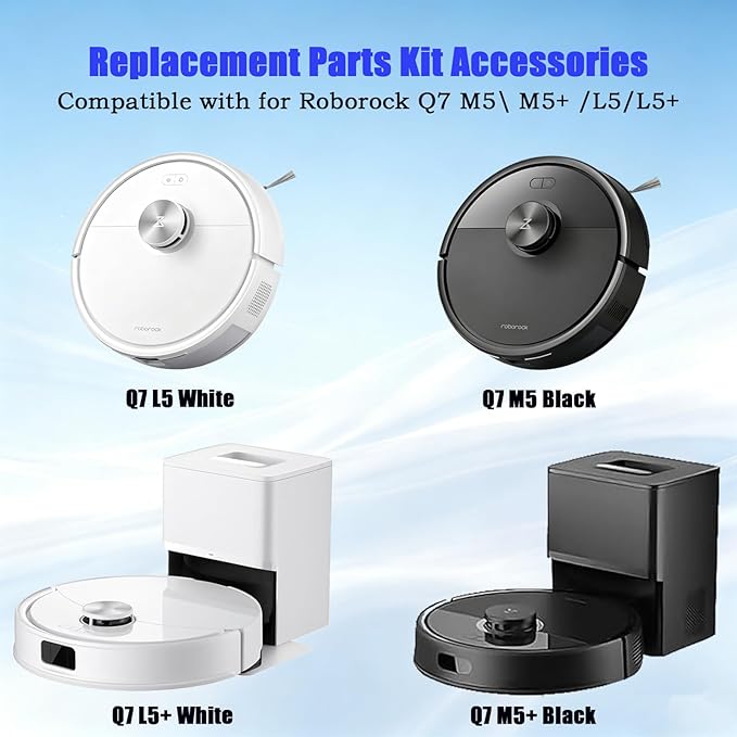 17-Piece Q7 M5 Replacement Parts Kit, Compatible with Q7 M5/Q7 TF/Q7 TF+ Robot vacuums. Includes 1 Main Brush, 6 Side Brushes, 4 HEPA Filters, 4 mop Pads, 1 Cleaning Tool, and 1 Screwdriver