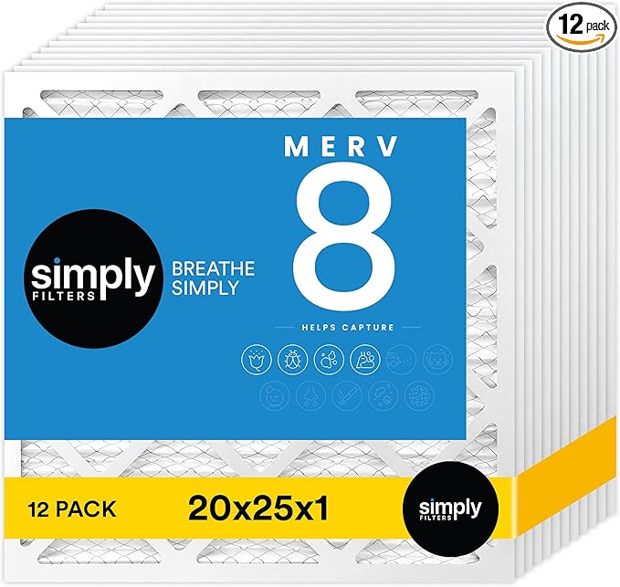 Simply 20x25x1 Air Filter, Merv 8, MPR 600, 12 Pack, Furnace Air Filter for HVAC (Actual Size: 19.75"x24.75"x0.75") DUST, Pet, & Allergy Control