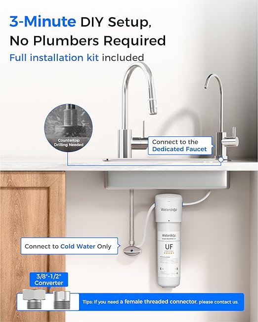 Waterdrop 10UBW-UF 0.01 μm Ultra Filtration Under Sink Water Filter System, Reduces Lead, Chlorine, Bad Taste & Odor, 1 Year, with Dedicated Brushed Nickel Faucet
