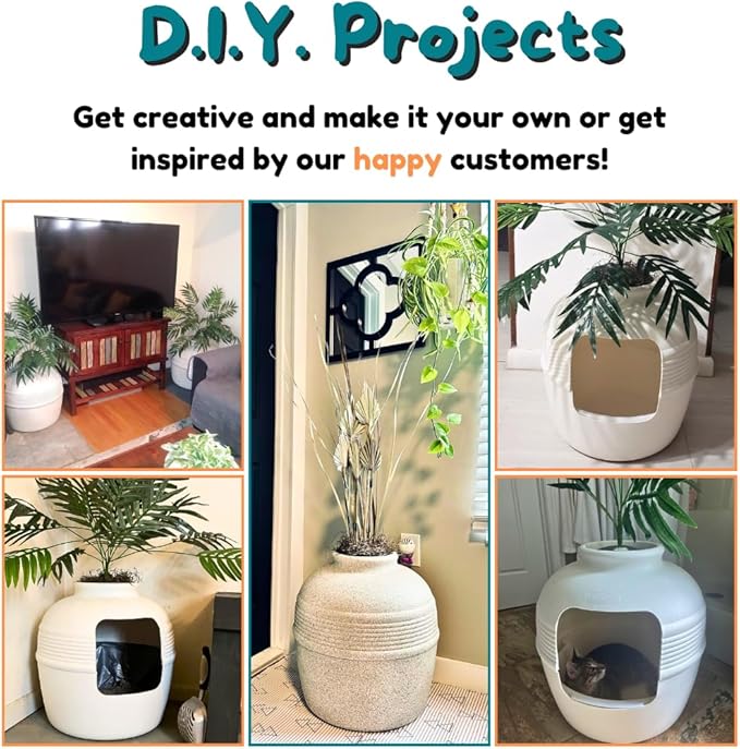 Good Pet Stuff Hidden Litter Box Planter, Decorative Cat Litter Enclosure with Carbon Filter & Faux Plant, Made in USA, Removable Liner, Odor Control, NEW Round Style, Essentials Kit, Classic White