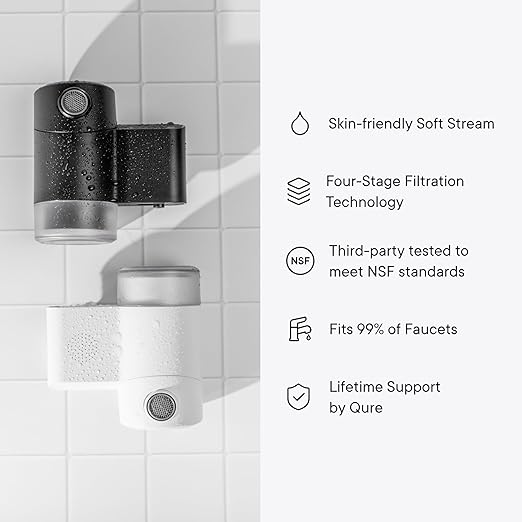 Qure Skincare Bathroom Sink Filter Water Faucet for Skin, Reduces 99% Chlorine and Heavy Metals, Skin Hydration in 4 Weeks, Reduces Build-Up, Balances pH, Softer Skin & Hair - Silver