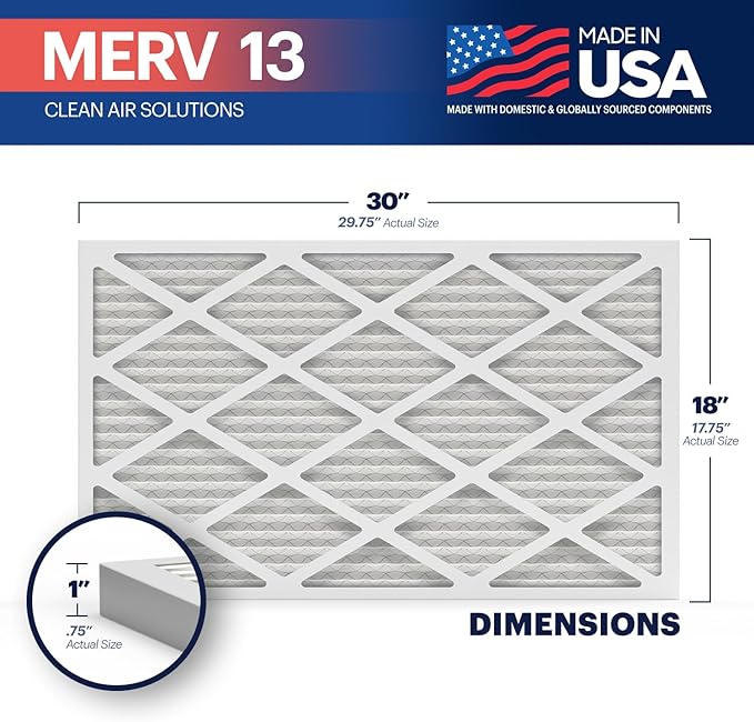 BNX TruFilter 18x30x1 Air Filter MERV 13 (4-Pack) - MADE IN USA - Electrostatic Pleated Air Conditioner HVAC AC Furnace Filters for Allergies, Pollen, Mold, Bacteria, Smoke, Allergen, MPR 1900 FPR 10