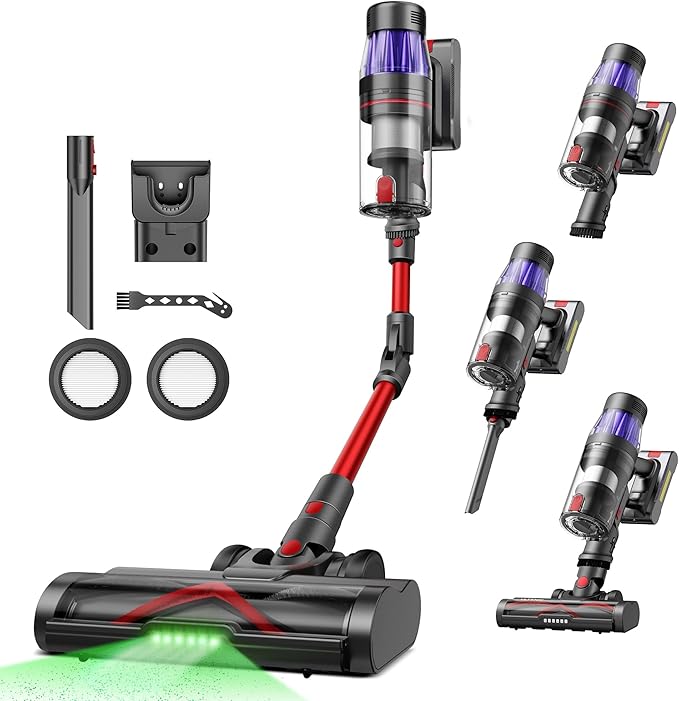 Ultenic Cordless Vacuum Cleaner, 600W 55Kpa 60Mins Runtime, Stick Vacuum Cordless with 180°Bendable Wand, Anti-Tangle Brush, Vacuum Cleaners for Home/Pet Hair/Carpet/Floor (Red)