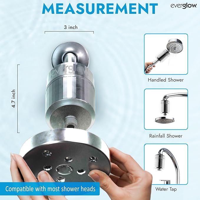 EVERGLOW High-Output Shower Filter, Reduces Chlorine, Dry Skin, Dandruff, Eczema, Heavy Metals and Vitamin C Infused for Dandruff and Softens Hard Water, 4.7”, Chrome