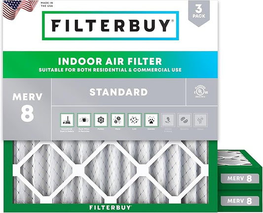 Filterbuy 16x16x2 Air Filter MERV 8 Essential Dust & Allergy Defense (3-Pack), Electrostatic Pleated HVAC AC Furnace Filters Replacement, Made in USA (Actual Size: 15.50 x 15.50 x 1.75)