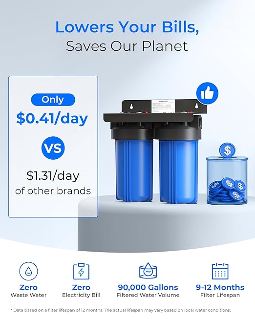Waterdrop 2 Stage Whole House Water Filter System, with Carbon and Sediment Filter, Highly Reduce Lead, PFAS and Heavy Metals, Taste, 5-Stage Filtration, WD-WHF21-PBL, 1" Inlet/Outlet