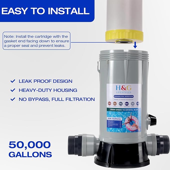 H&G Lifestyles Mineral Cartridge Pool Filter System Cycler,Above Ground Pool Cartridge Filter,Iron Filter for Well Water,Reduce Heavy Metal Chlorine,Inline Water Filtration System,Up to 50,000 Gallons