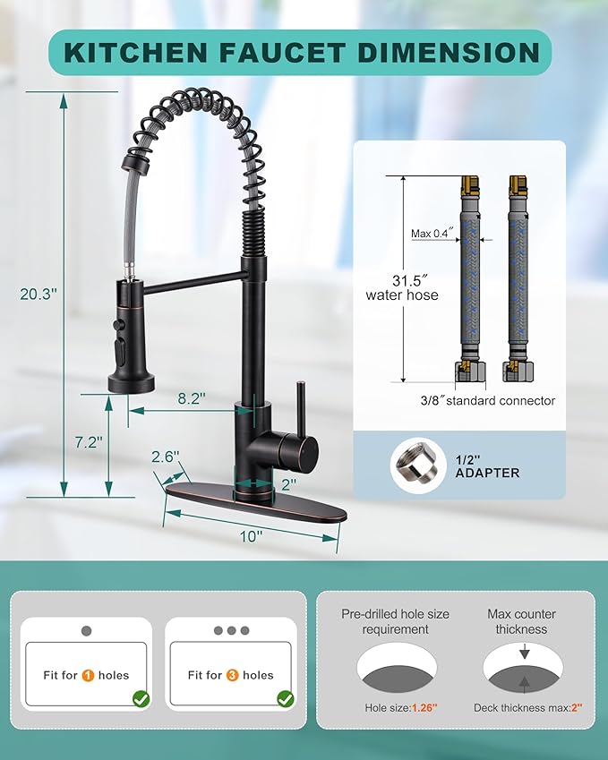 Kitchen Faucet with Pull Down Sprayer: Oil Rubbed Bronze 3-Function Kitchen Sink Faucets for 1 or 3 Hole - Stainless Steel Single Handle Spring Kitchen Faucets with Deck Plate for Farmhouse RV Laundry