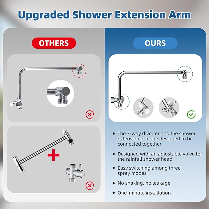 12" All Metal Shower Head, High Pressure Rainfall Shower Head/Handheld Showerhead Combo with 11" Adjustable Shower Extension Arm, 71" Hose, Shower Head Holder, Chrome
