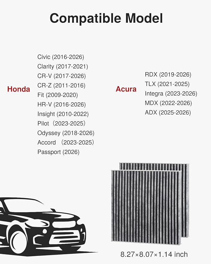 Puroma 2 Pack Cabin Air Filter with Activated Charcoal Layer Replacement for CP182, CF11182, Honda Civic, Clarity, CR-V, CR-Z, HR-V, Fit, Insight, Odyssey, Acura MDX, RDX, TLX, INTEGRA