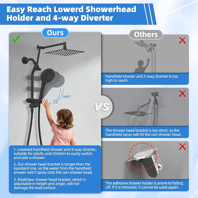 Metal Black 10" High-Pressure Rain Shower Head with Handheld - 10-Spray Power Wash with Filter Element, Easy Reach 4-Way Diverter with Pause Mode, Adjustable 16" Extension Arm/Holder/ 71" Hose